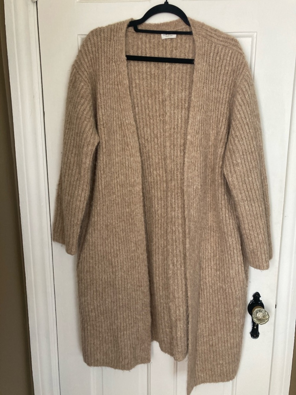 Club Monaco Alpaca Wool Blend Open Front Collarless Long Tan Cardigan